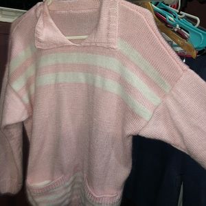 Pink and white lined collar sweater